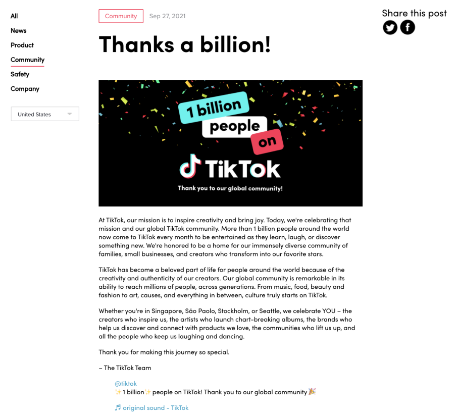 不到两年翻一番！TikTok宣布全球月活用户突破10亿大关